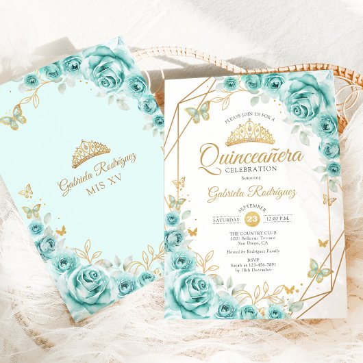 Quinceanera Turquoise Bloemen Goud Kaart
