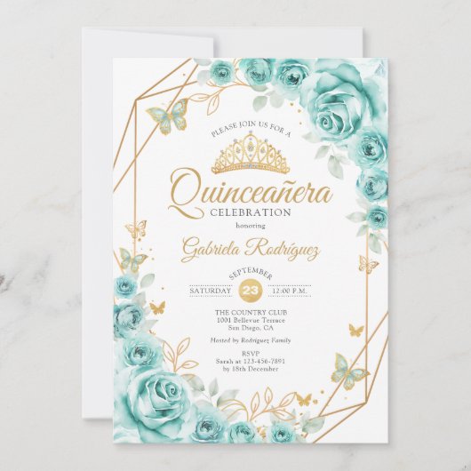 Quinceanera Turquoise Bloemen Goud Kaart (Voorkant)