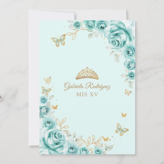 Quinceanera Turquoise Bloemen Goud Kaart (Achterkant)