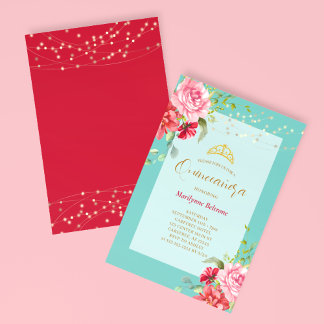 Quinceañera Turquoise Bloemen Gouden Uitnodiging