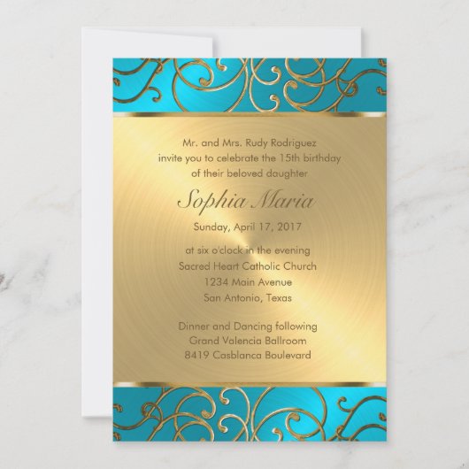 Quinceanera Turquoise Blue en Gold Filigree Swirl Kaart (Voorkant)