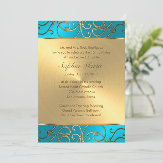 Quinceanera Turquoise Blue en Gold Filigree Swirl Kaart (Staand voorkant)