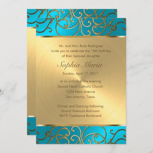 Quinceanera Turquoise Blue en Gold Filigree Swirl Kaart (Voorkant / Achterkant)