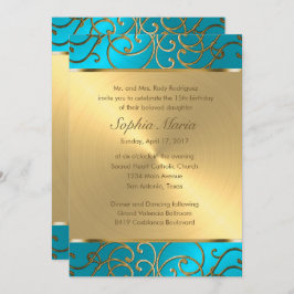 Quinceanera Turquoise Blue en Gold Filigree Swirl Kaart