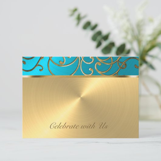 Quinceanera Turquoise Blue en Gold Filigree Swirl Kaart (Staand voorkant)