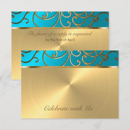 Quinceanera Turquoise Blue en Gold Filigree Swirl Kaart (Voorkant / Achterkant)