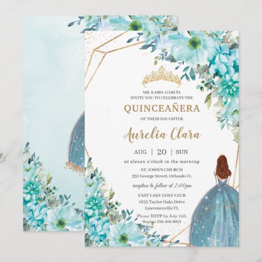 Quinceañera Turquoise Blue Floral Auburn Princess Kaart (Voorkant / Achterkant)