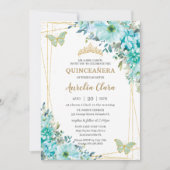 Quinceañera Turquoise Blue Floral Gold Butterflies Kaart (Voorkant)