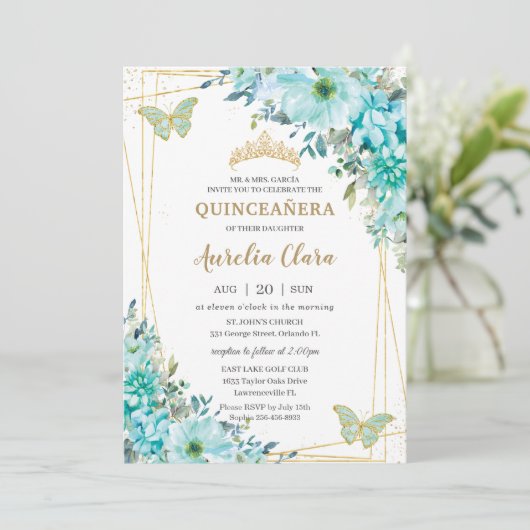 Quinceañera Turquoise Blue Floral Gold Butterflies Kaart (Staand voorkant)