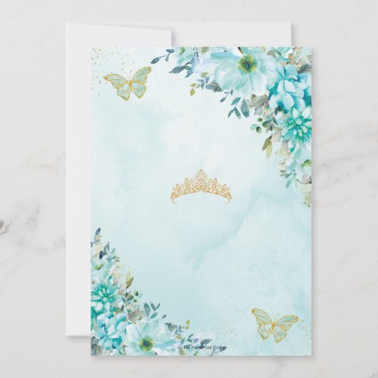 Quinceañera Turquoise Blue Floral Gold Butterflies Kaart (Achterkant)