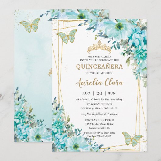 Quinceañera Turquoise Blue Floral Gold Butterflies Kaart (Voorkant / Achterkant)