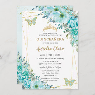 Quinceañera Turquoise Blue Floral Gold Butterflies Kaart