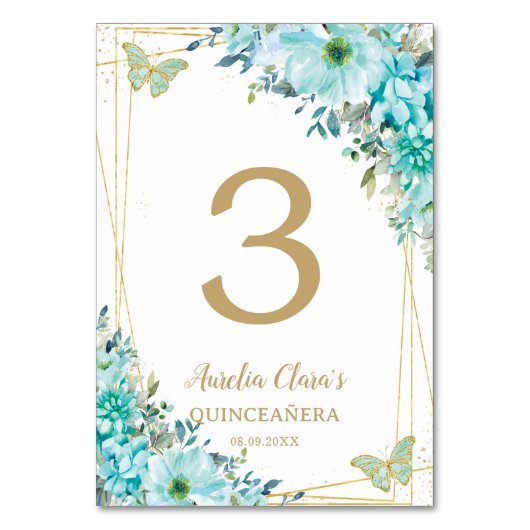 Quinceañera Turquoise Blue Floral Gold Butterflies Kaart (Voorkant)