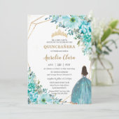 Quinceañera Turquoise Blue Floral Gold Princess Kaart (Staand voorkant)