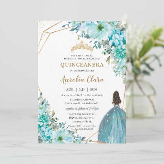 Quinceañera Turquoise Blue Floral Gold Princess Kaart (Staand voorkant)