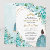Quinceañera Turquoise Blue Floral Gold Princess Kaart (Voorkant / Achterkant)