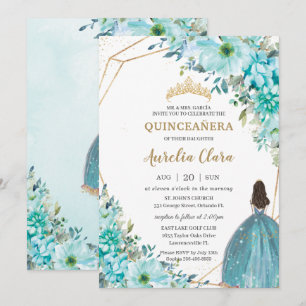 Quinceañera Turquoise Blue Floral Gold Princess Kaart