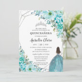 Quinceañera Turquoise Blue Floral Silver Princess Kaart (Staand voorkant)