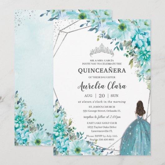Quinceañera Turquoise Blue Floral Silver Princess Kaart (Voorkant / Achterkant)