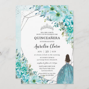 Quinceañera Turquoise Blue Floral Silver Princess Kaart