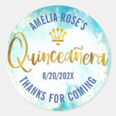 Quinceañera Turquoise Blue Gold Foil Waterverf Ronde Sticker (Voorkant)