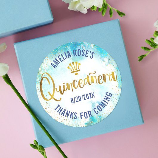 Quinceañera Turquoise Blue Gold Foil Waterverf Ronde Sticker