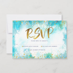 Quinceañera Turquoise Blue Gold Foil Waterverf RSVP Kaartje