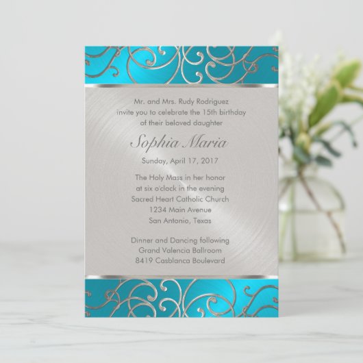 Quinceanera Turquoise Blue Silver Filigree Swirls Kaart (Staand voorkant)