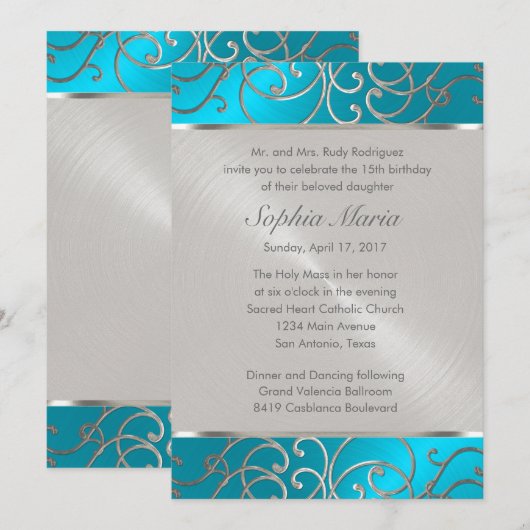 Quinceanera Turquoise Blue Silver Filigree Swirls Kaart (Voorkant / Achterkant)