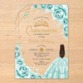 Quinceanera Turquoise Dress Floral Gold Acryl Uitnodigingen (Voorkant)