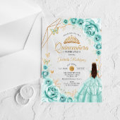Quinceanera Turquoise Dress Floral Gold Acryl Uitnodigingen