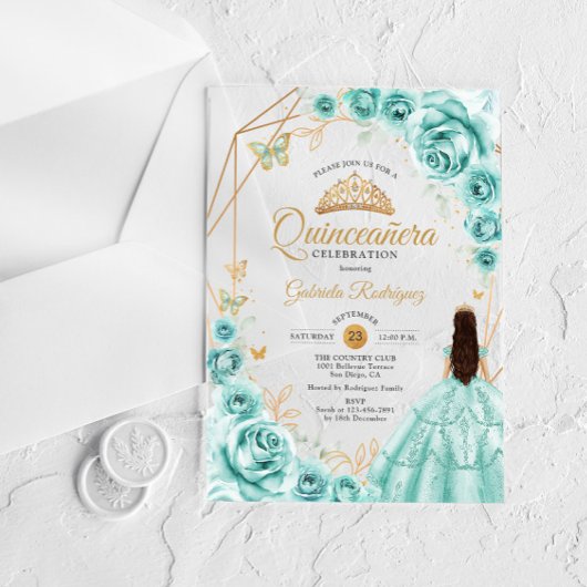 Quinceanera Turquoise Dress Floral Gold Acryl Uitnodigingen