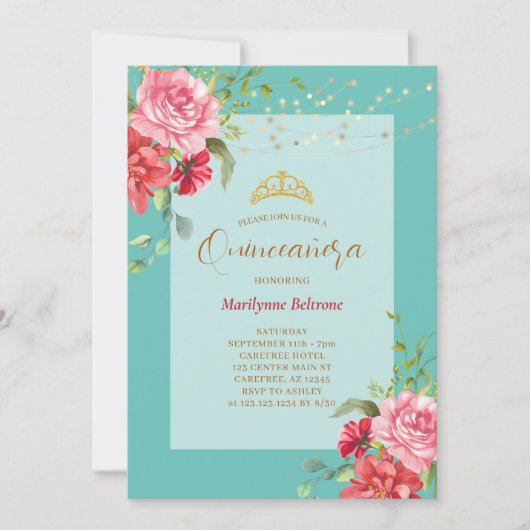 Quinceañera Turquoise Floral Gold Invitation Kaart (Voorkant)