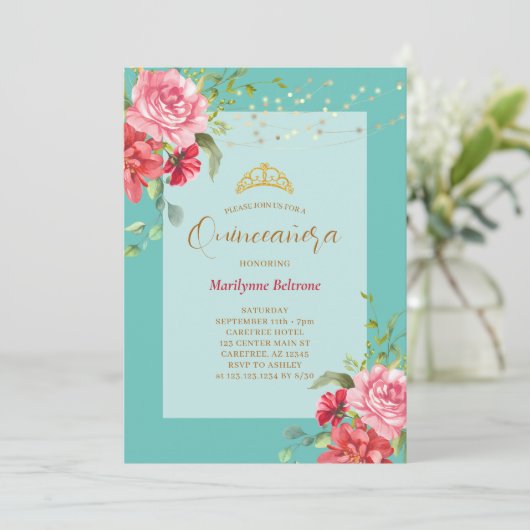 Quinceañera Turquoise Floral Gold Invitation Kaart (Staand voorkant)