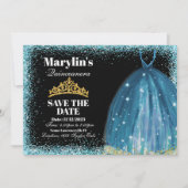 Quinceañera Turquoise Glitter Ballgown Verjaardag Save The Date (Voorkant)