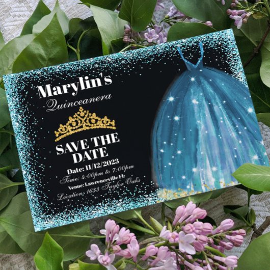 Quinceañera Turquoise Glitter Ballgown Verjaardag Save The Date