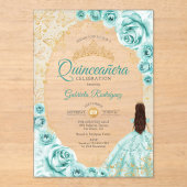 Quinceanera Turquoise Gold Floral Acryl Uitnodigingen (Voorkant)