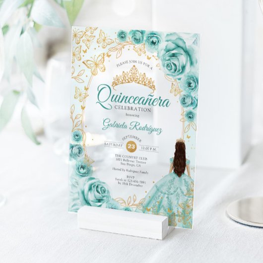 Quinceanera Turquoise Gold Floral Acryl Uitnodigingen