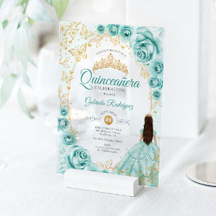 Quinceanera Turquoise Goud Bloem Acryl Uitnodigingen