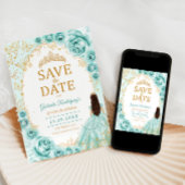 Quinceanera Turquoise Goud Bloem Save The Date