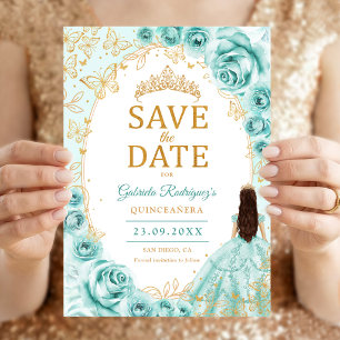 Quinceanera Turquoise Goud Bloem Save The Date