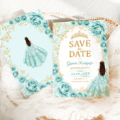 Quinceanera Turquoise Goud Bloem Save The Date