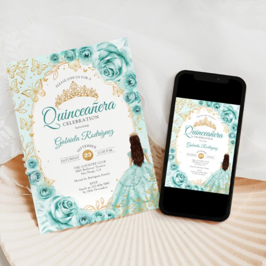 Quinceanera Turquoise Gouden Bloem Kaart