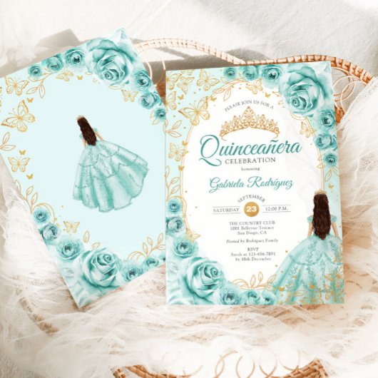 Quinceanera Turquoise Gouden Bloem Kaart
