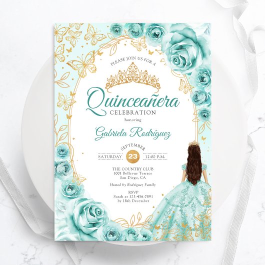 Quinceanera Turquoise Gouden Bloem Kaart