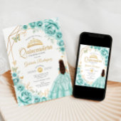 Quinceanera Turquoise Gouden Bloemen Jurk Kaart