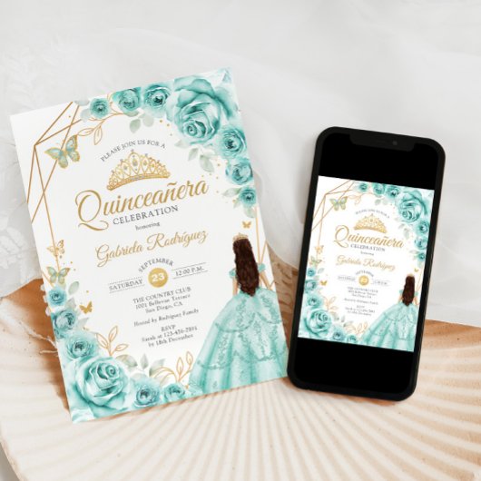 Quinceanera Turquoise Gouden Bloemen Jurk Kaart