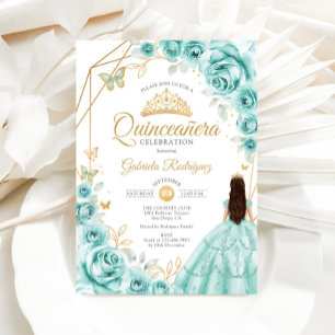 Quinceanera Turquoise Gouden Bloemen Jurk Kaart