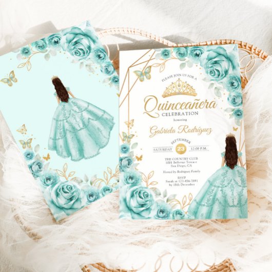 Quinceanera Turquoise Gouden Bloemen Jurk Kaart