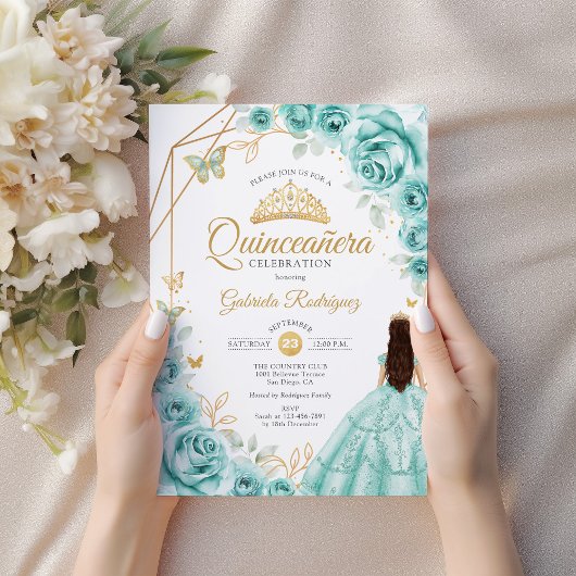 Quinceanera Turquoise Gouden Bloemen Jurk Kaart